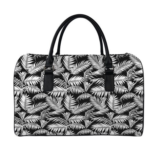Black And White Palm Leaves Print Leather Duffle Bag