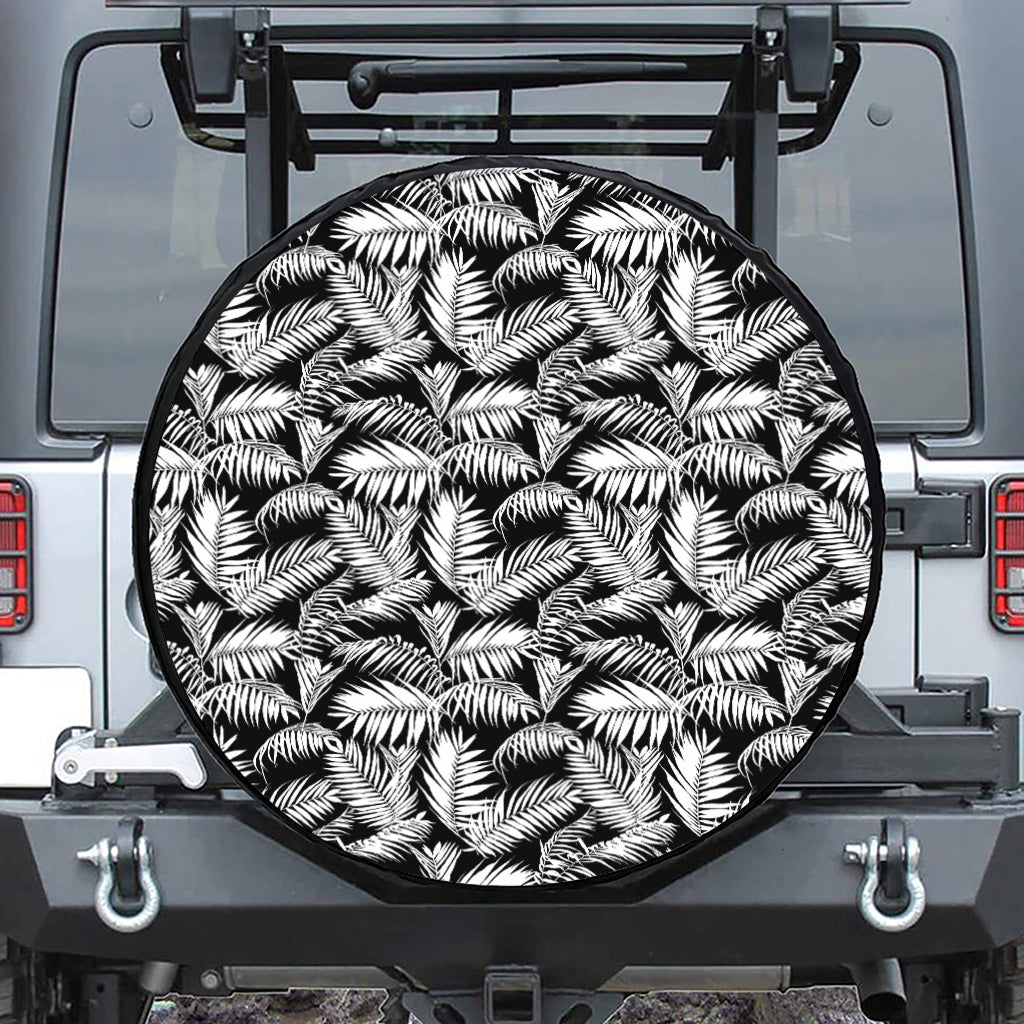 Black And White Palm Leaves Print Leather Spare Tire Cover