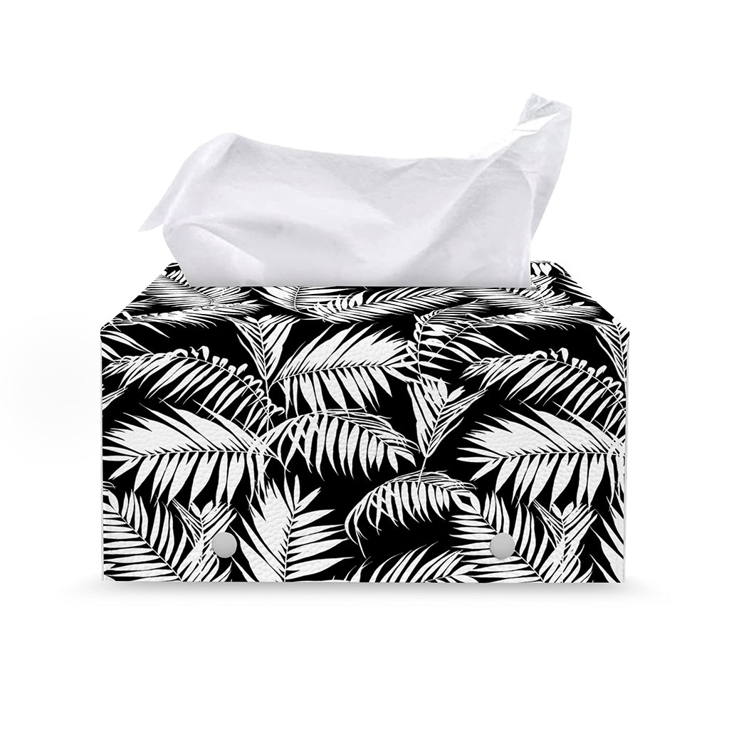 Black And White Palm Leaves Print Leather Tissue Box Cover