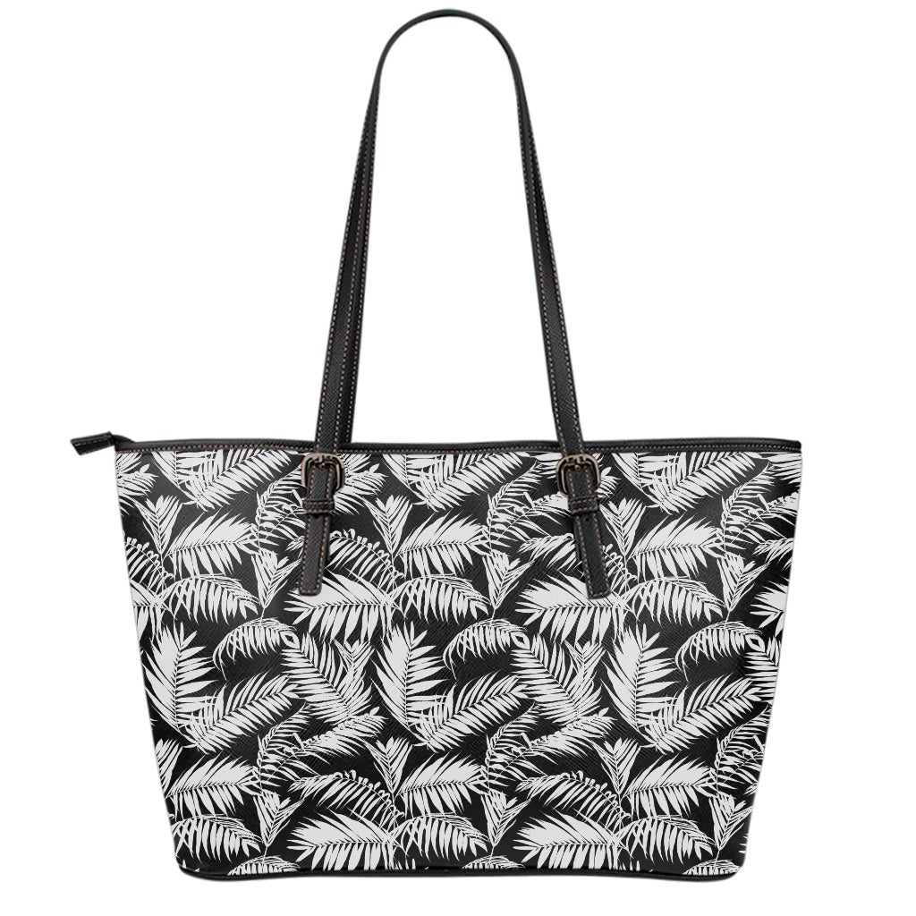 Black And White Palm Leaves Print Leather Tote Bag