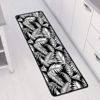Black And White Palm Leaves Print Long Kitchen Mat