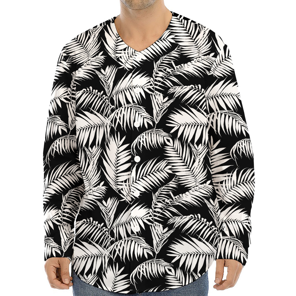 Black And White Palm Leaves Print Long Sleeve Baseball Jersey