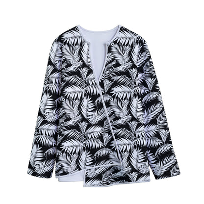 Black And White Palm Leaves Print Long Sleeve Short Coat