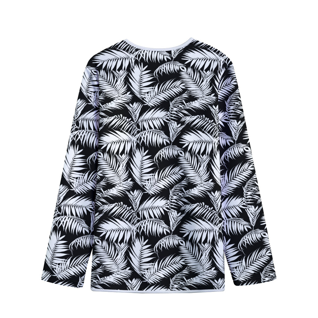 Black And White Palm Leaves Print Long Sleeve Short Coat