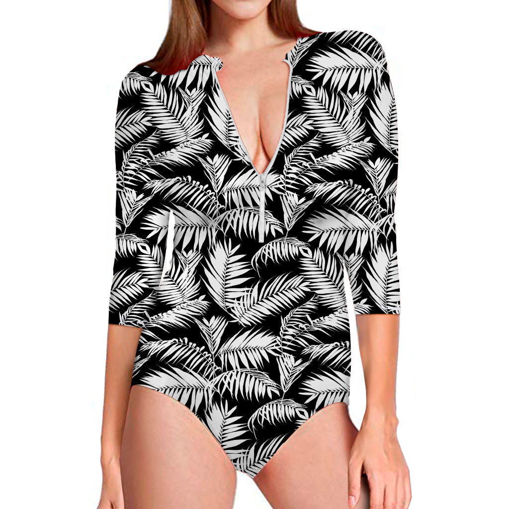 Black And White Palm Leaves Print Long Sleeve Swimsuit