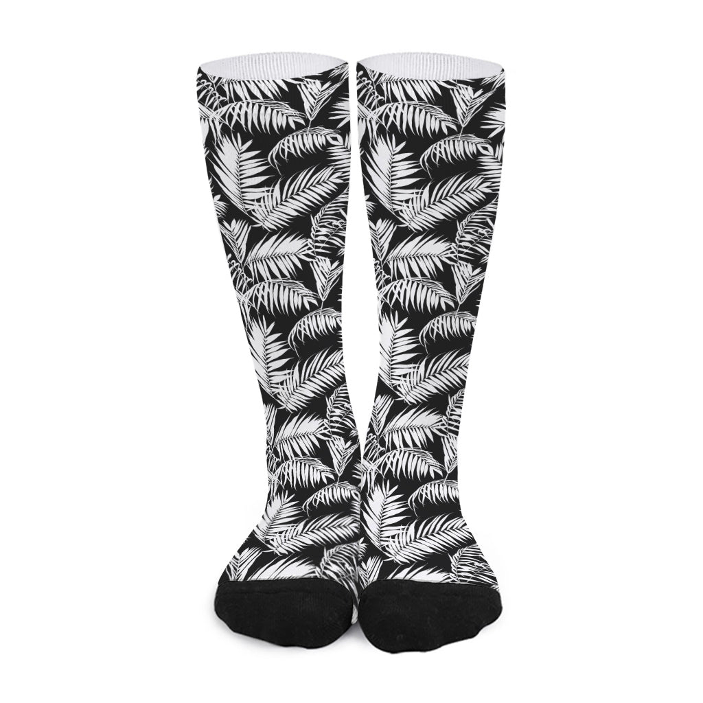 Black And White Palm Leaves Print Long Socks