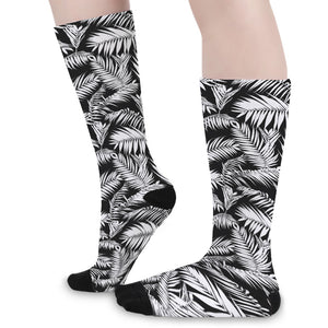 Black And White Palm Leaves Print Long Socks