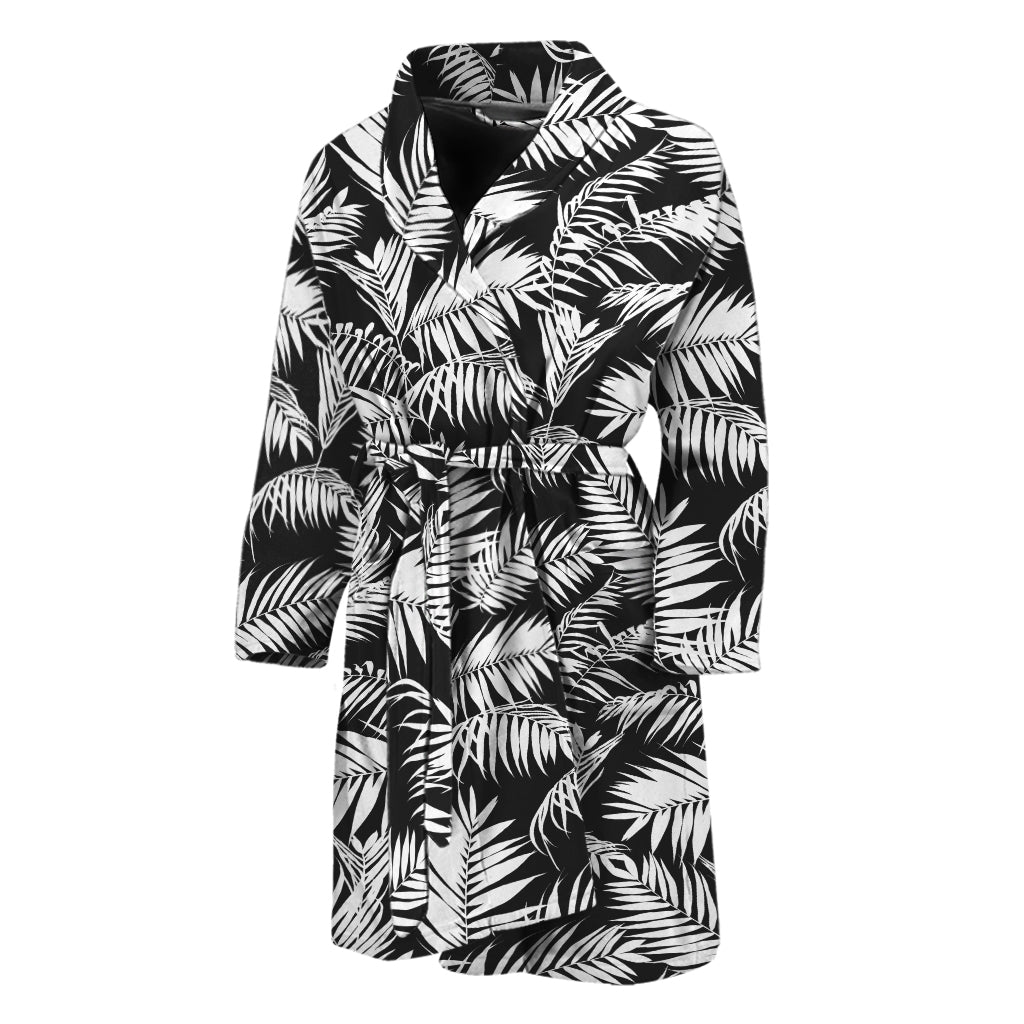 Black And White Palm Leaves Print Men's Bathrobe