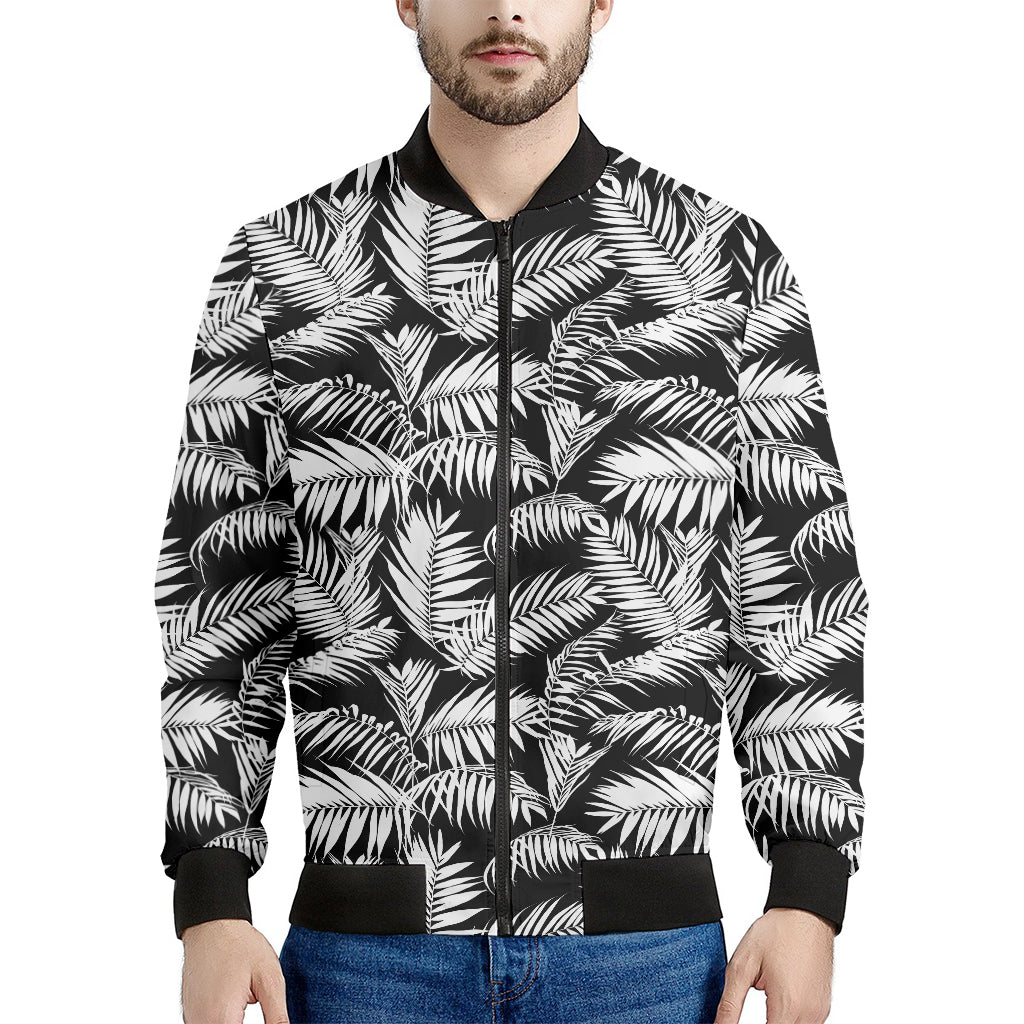 Black And White Palm Leaves Print Men's Bomber Jacket