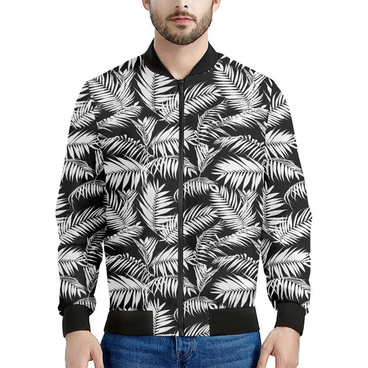 Black And White Palm Leaves Print Men's Bomber Jacket