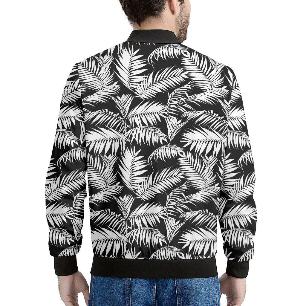 Black And White Palm Leaves Print Men's Bomber Jacket