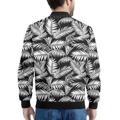 Black And White Palm Leaves Print Men's Bomber Jacket