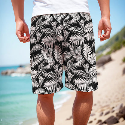 Black And White Palm Leaves Print Men's Cargo Shorts