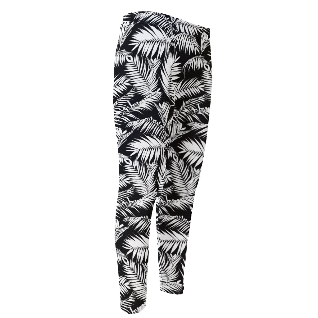 Black And White Palm Leaves Print Men's Compression Pants