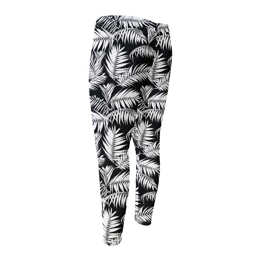 Black And White Palm Leaves Print Men's Compression Pants