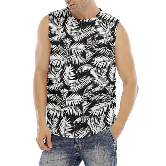 Black And White Palm Leaves Print Men's Fitness Tank Top
