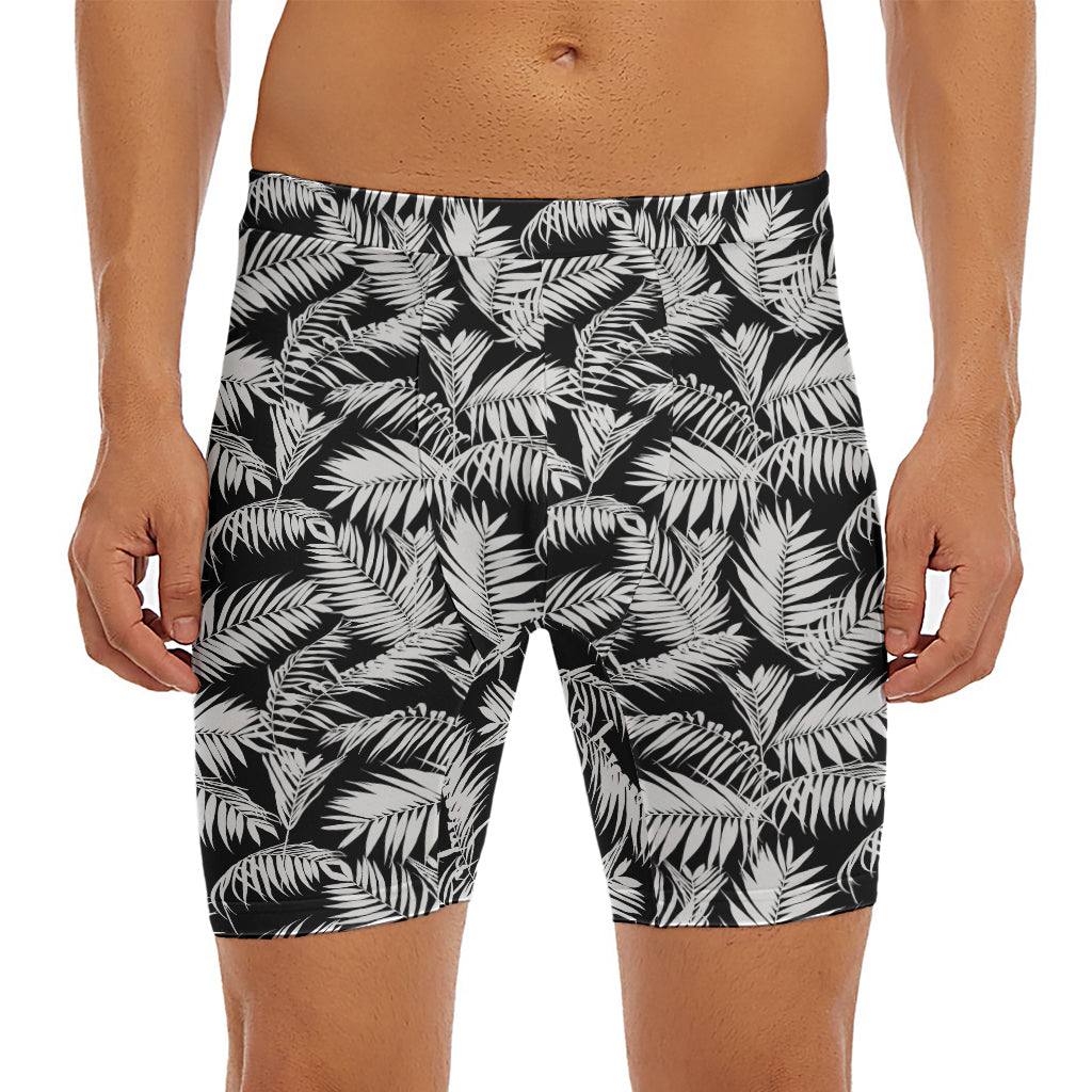 Black And White Palm Leaves Print Men's Long Boxer Briefs