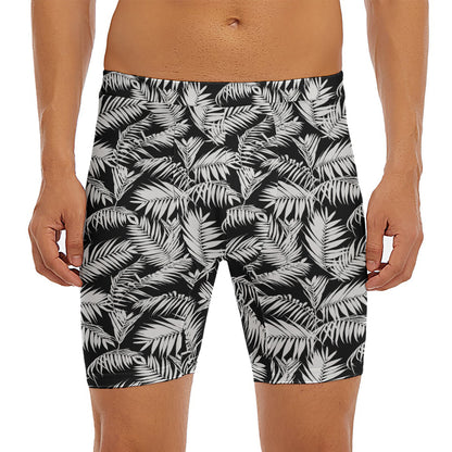 Black And White Palm Leaves Print Men's Long Boxer Briefs