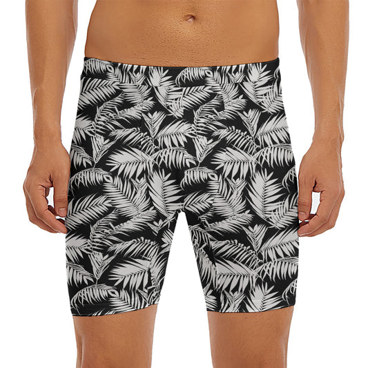 Black And White Palm Leaves Print Men's Long Boxer Briefs