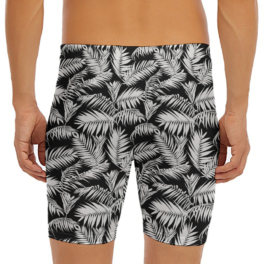 Black And White Palm Leaves Print Men's Long Boxer Briefs