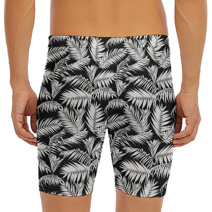 Black And White Palm Leaves Print Men's Long Boxer Briefs