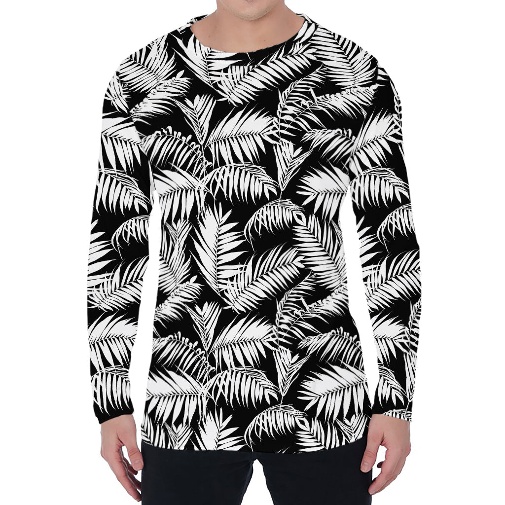 Black And White Palm Leaves Print Men's Long Sleeve T-Shirt