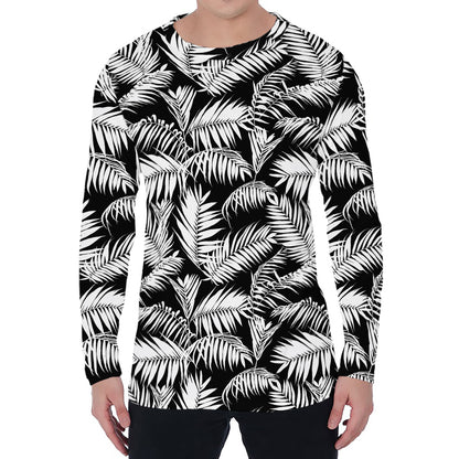 Black And White Palm Leaves Print Men's Long Sleeve T-Shirt