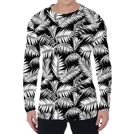 Black And White Palm Leaves Print Men's Long Sleeve T-Shirt