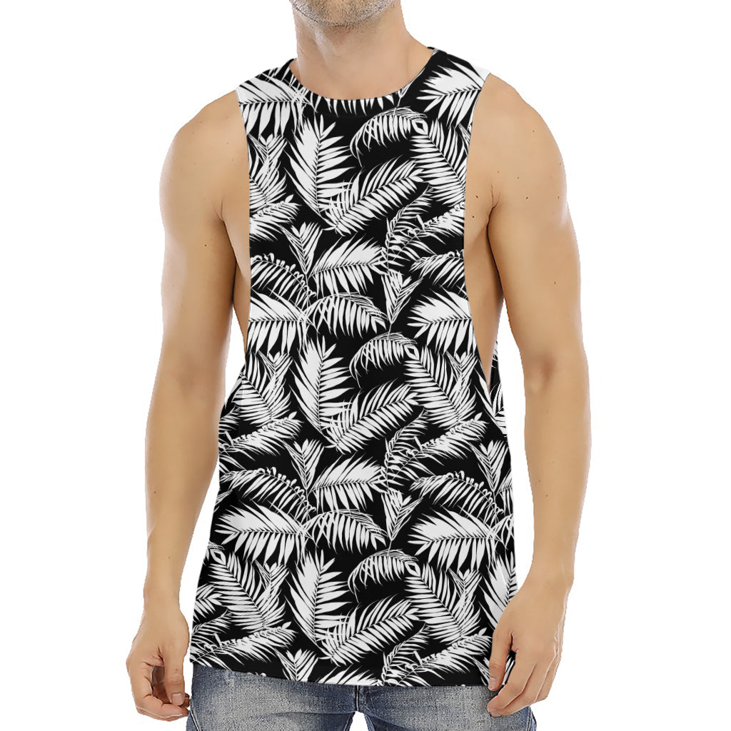 Black And White Palm Leaves Print Men's Muscle Tank Top