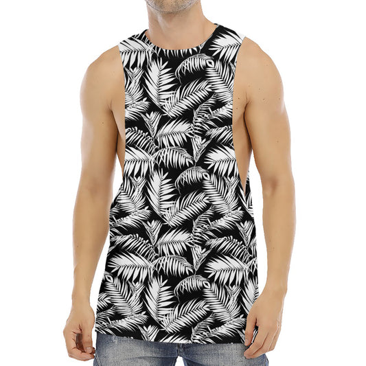 Black And White Palm Leaves Print Men's Muscle Tank Top