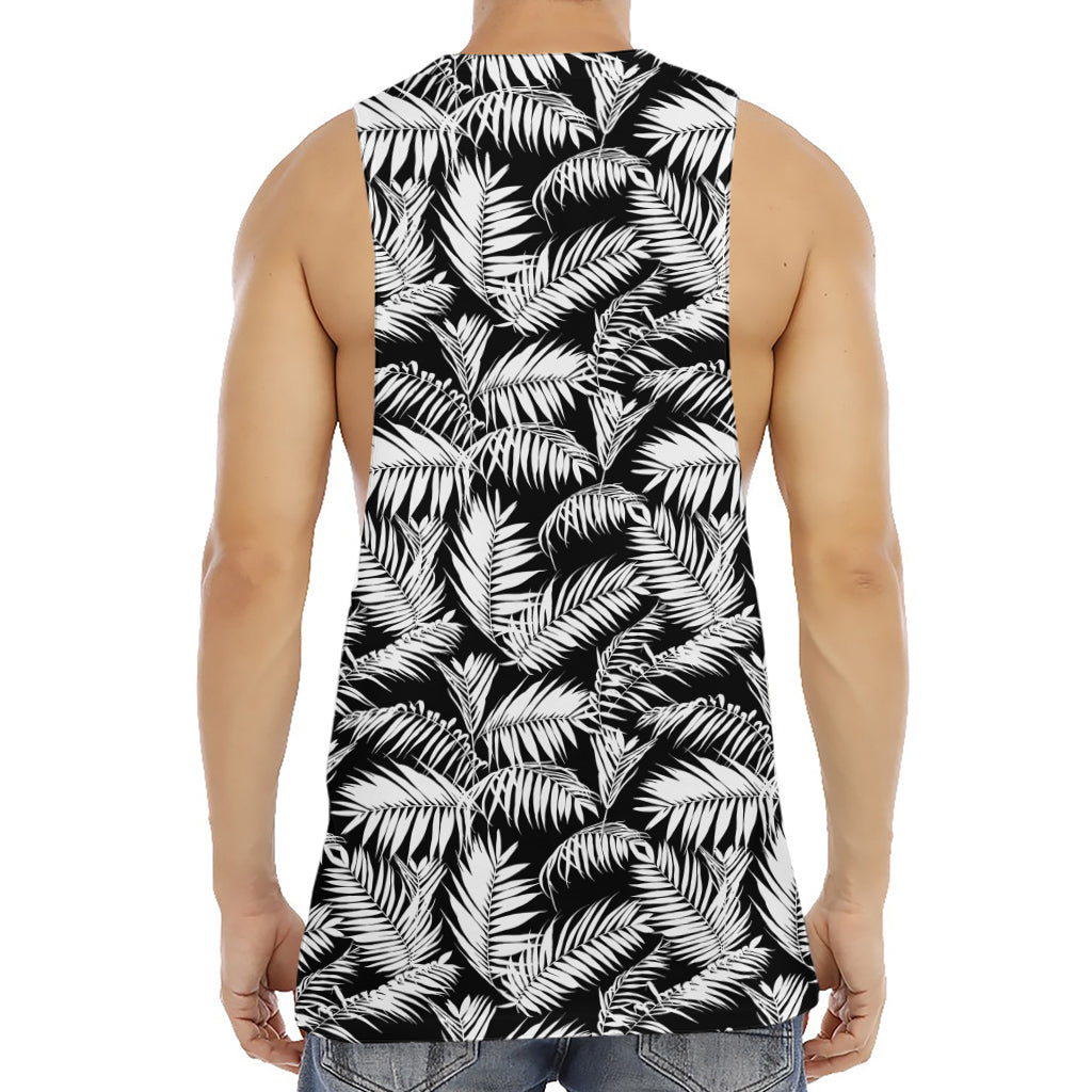 Black And White Palm Leaves Print Men's Muscle Tank Top