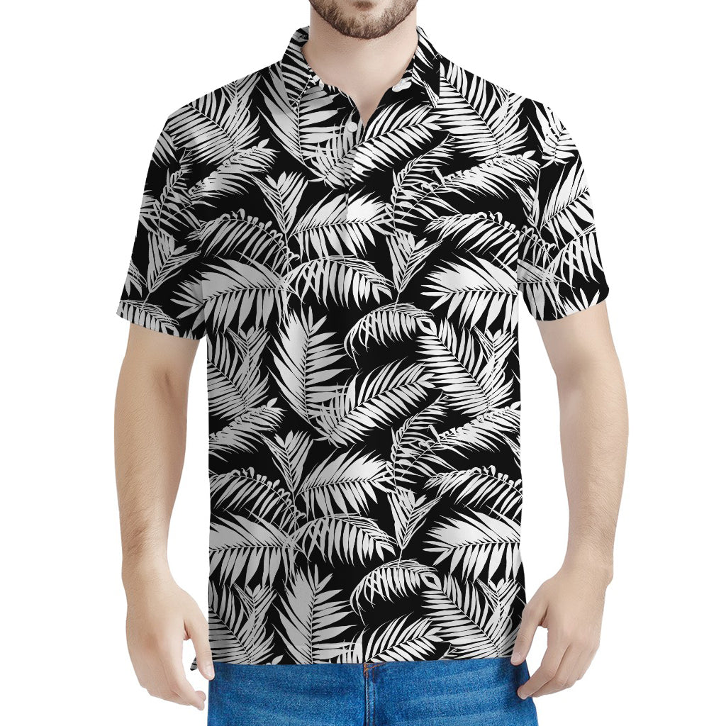 Black And White Palm Leaves Print Men's Polo Shirt