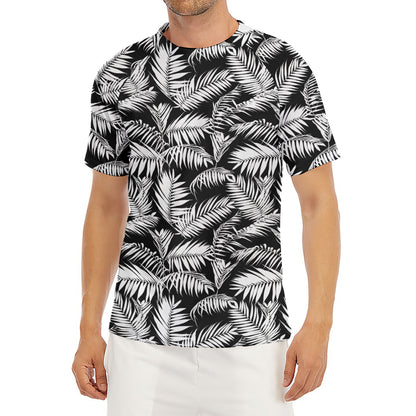 Black And White Palm Leaves Print Men's Short Sleeve Rash Guard