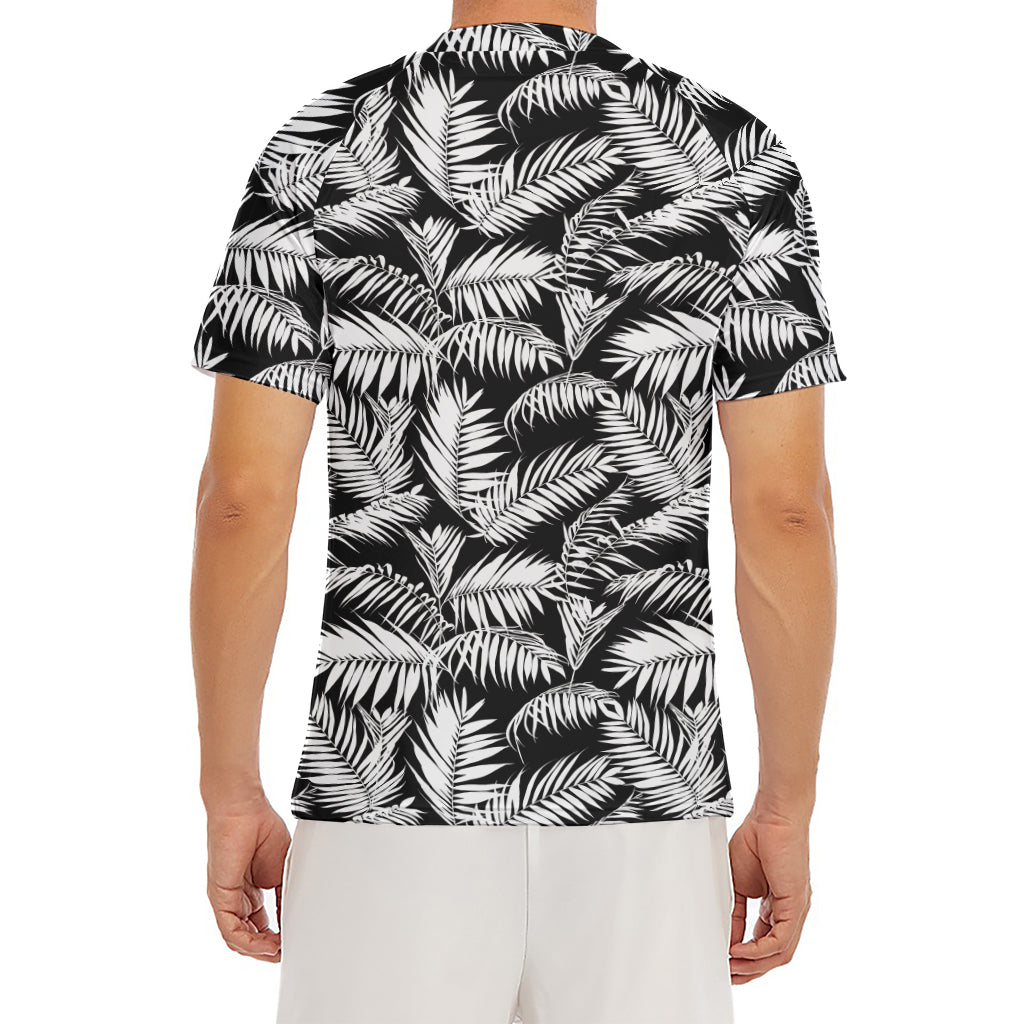 Black And White Palm Leaves Print Men's Short Sleeve Rash Guard