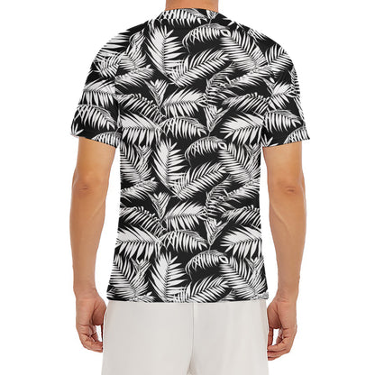 Black And White Palm Leaves Print Men's Short Sleeve Rash Guard