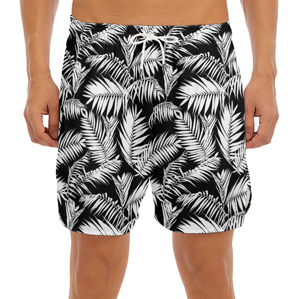 Black And White Palm Leaves Print Men's Split Running Shorts