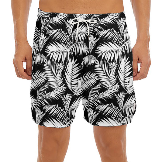 Black And White Palm Leaves Print Men's Split Running Shorts