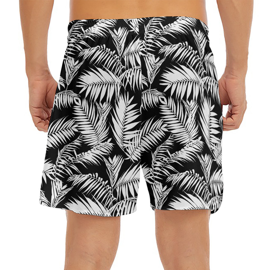 Black And White Palm Leaves Print Men's Split Running Shorts