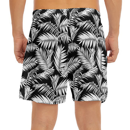 Black And White Palm Leaves Print Men's Split Running Shorts