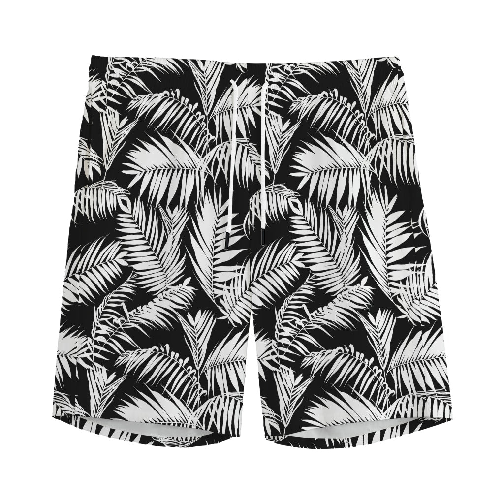 Black And White Palm Leaves Print Men's Sports Shorts