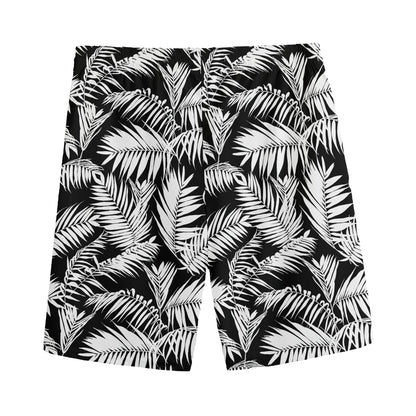 Black And White Palm Leaves Print Men's Sports Shorts