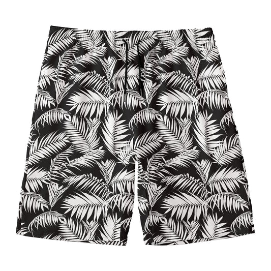 Black And White Palm Leaves Print Men's Swim Trunks