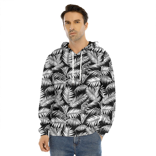 Black And White Palm Leaves Print Men's Velvet Pullover Hoodie