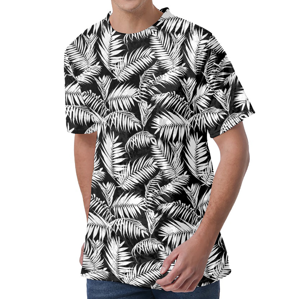 Black And White Palm Leaves Print Men's Velvet T-Shirt