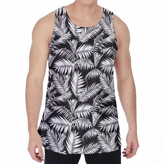 Black And White Palm Leaves Print Men's Velvet Tank Top