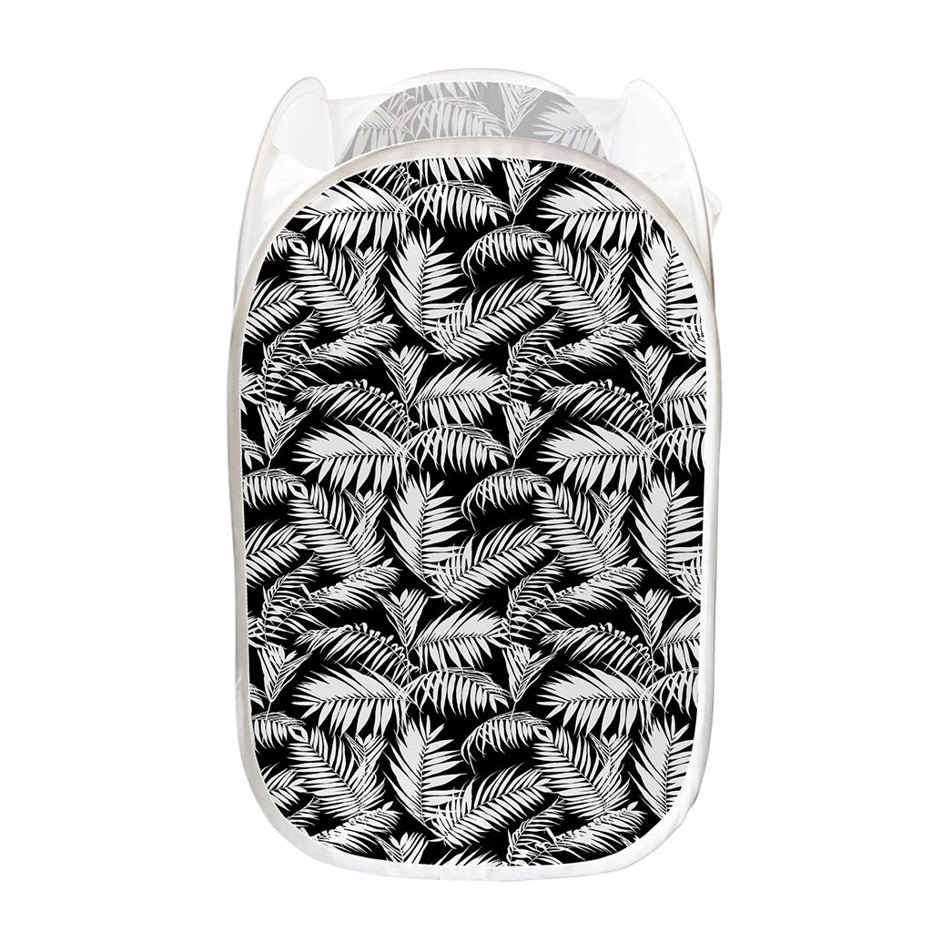 Black And White Palm Leaves Print Mesh Laundry Hamper