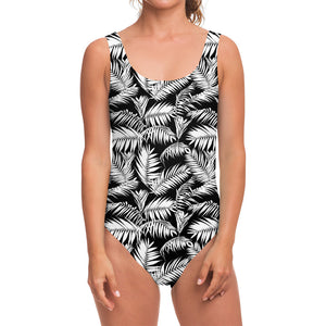 Black And White Palm Leaves Print One Piece Swimsuit