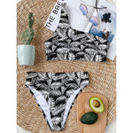 Black And White Palm Leaves Print One Shoulder Bikini Top