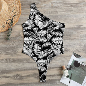 Black And White Palm Leaves Print One Shoulder Bodysuit