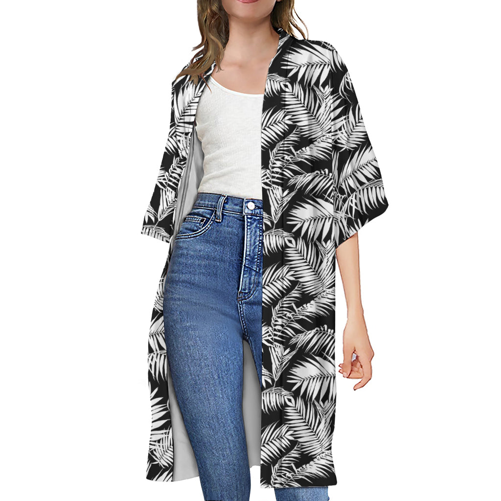 Black And White Palm Leaves Print Open Front Beach Cover Up